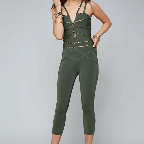 bebe Pants - BEBE XS NWT Green Beetle Catsuit Bandage Bodycon Studded Jumpsuit Fetish Punk